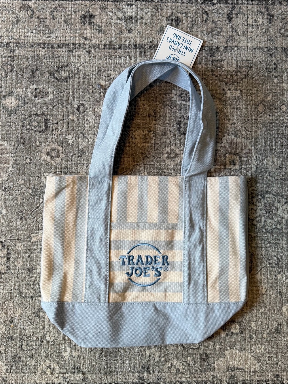 Trader Joes Striped Mini Tote Bag Light Blue Pastel NWT